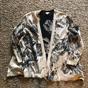 J. Jill Cardigan Sweater Open Front Tan Black Floral Print Womens M 100% Cotton
